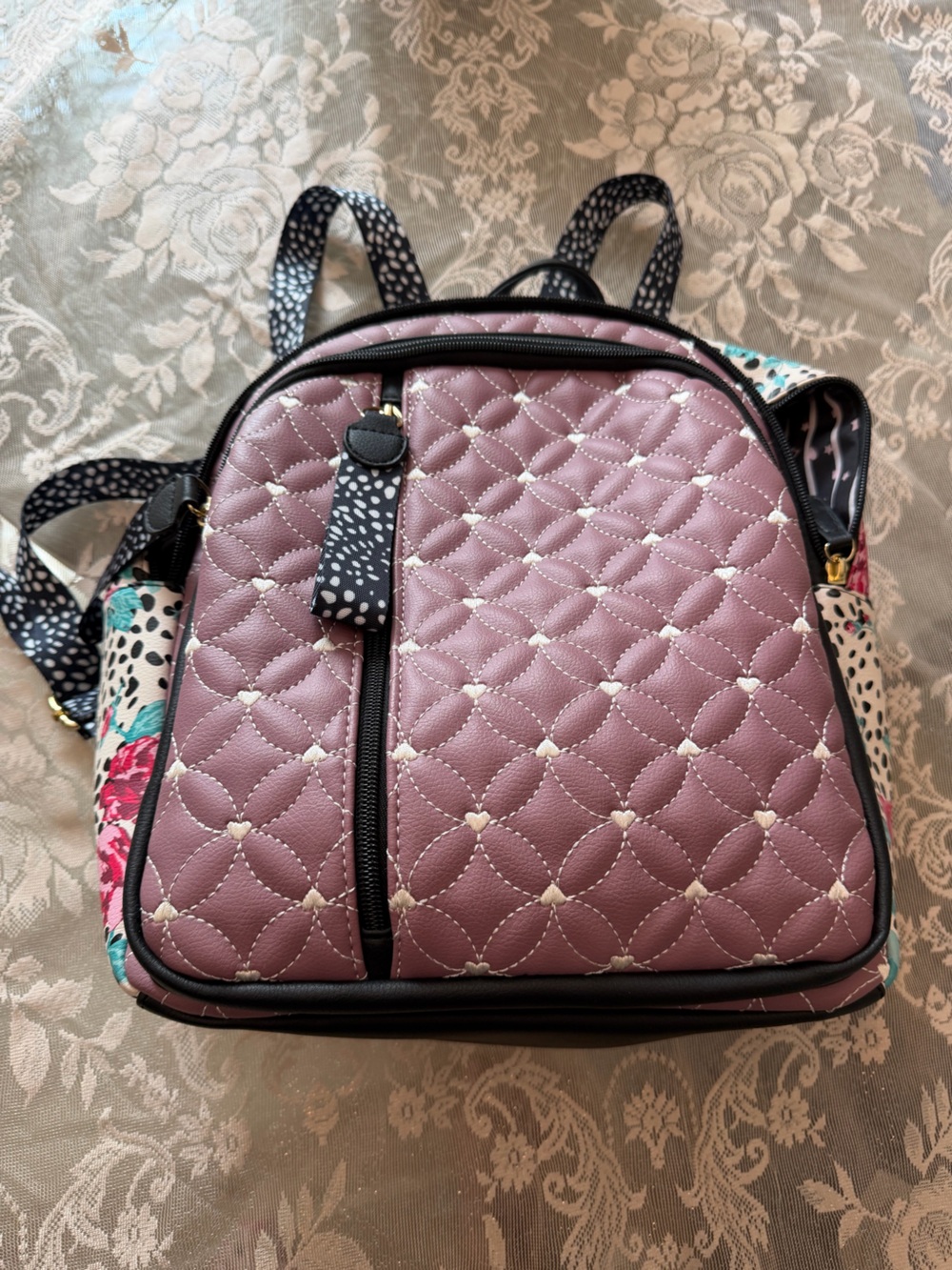 Betsey Johnson Small Quilted Mauve Backpack with Black Accent - Picture 3 of 11